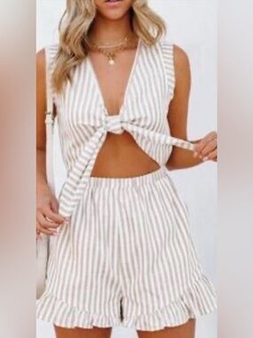 Free The Roses Linen Blend Striped Romper Tie Cut Out Front